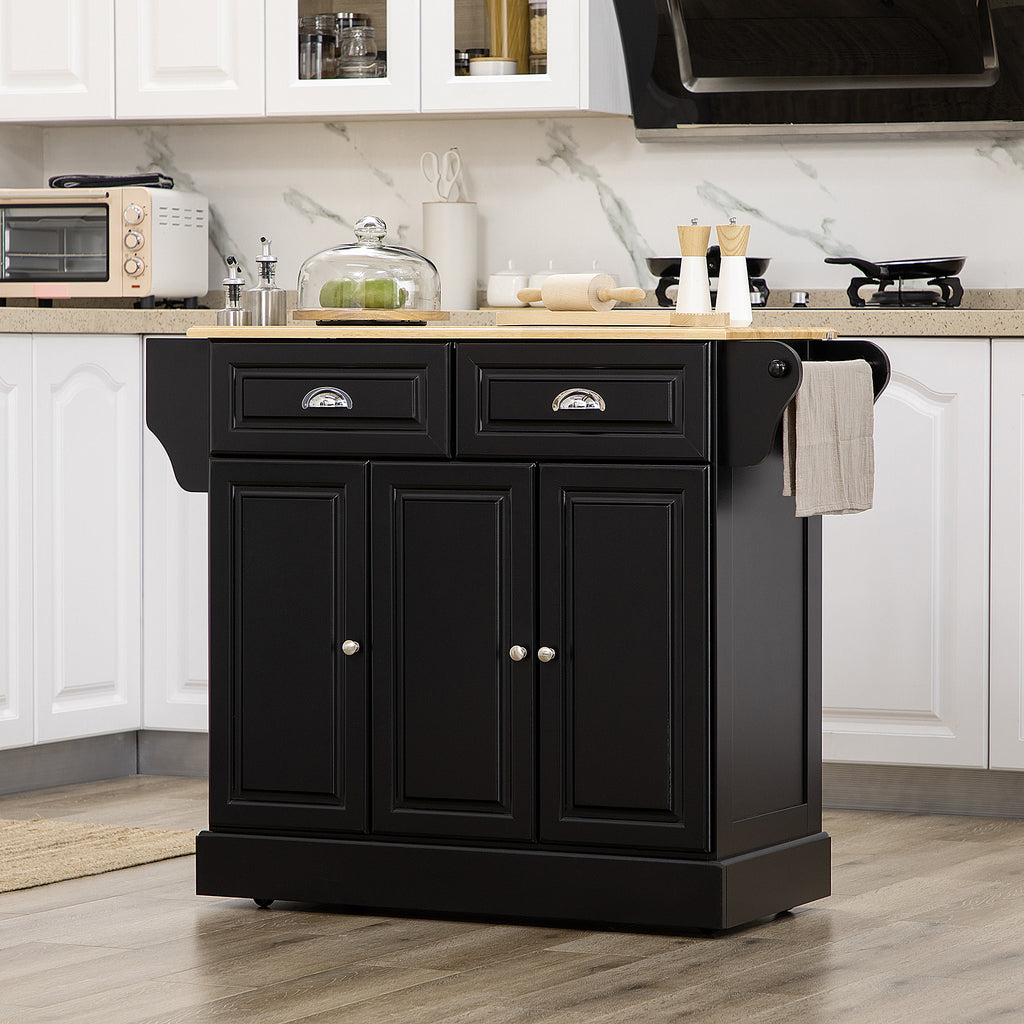 Kitchen Island with Storage Rolling Kitchen Serving Cart with Rubber Wood Top Towel Rack Storage Drawer Cabinet, Black