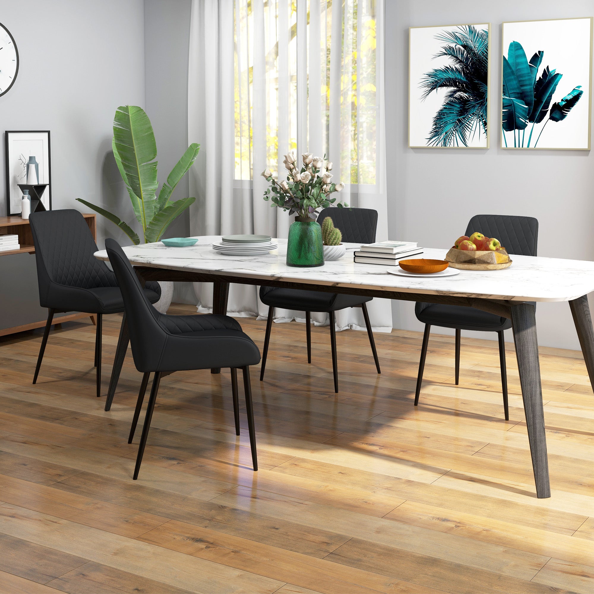 Modern Dining Chairs PU Leather Metal Legs Set of 4 Kitchen Chairs Living Room Quality Design Mid-Class Black