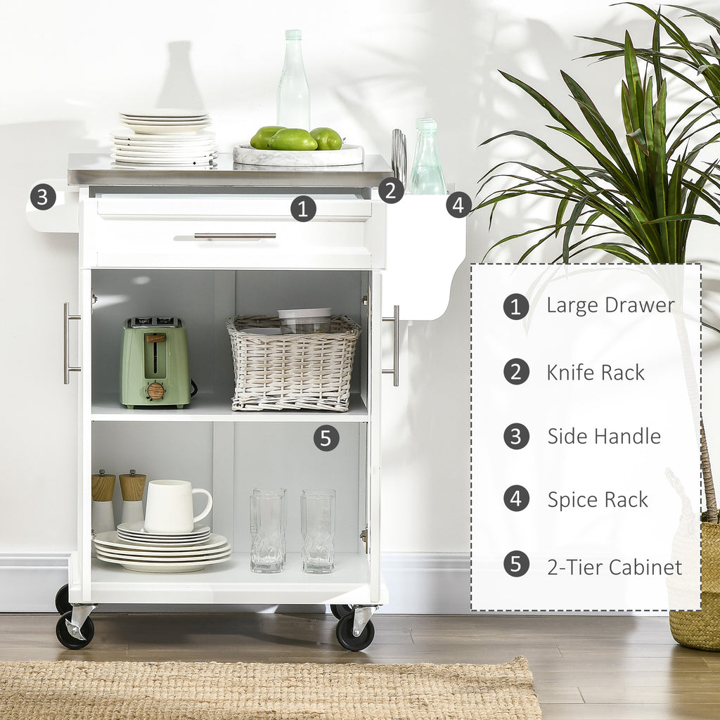 Kitchen Island with Stainless Steel Top, Rolling Kitchen Cart on Wheels with Storage Drawer, Cabinet, Towel Rack and Spice Rack (Black)