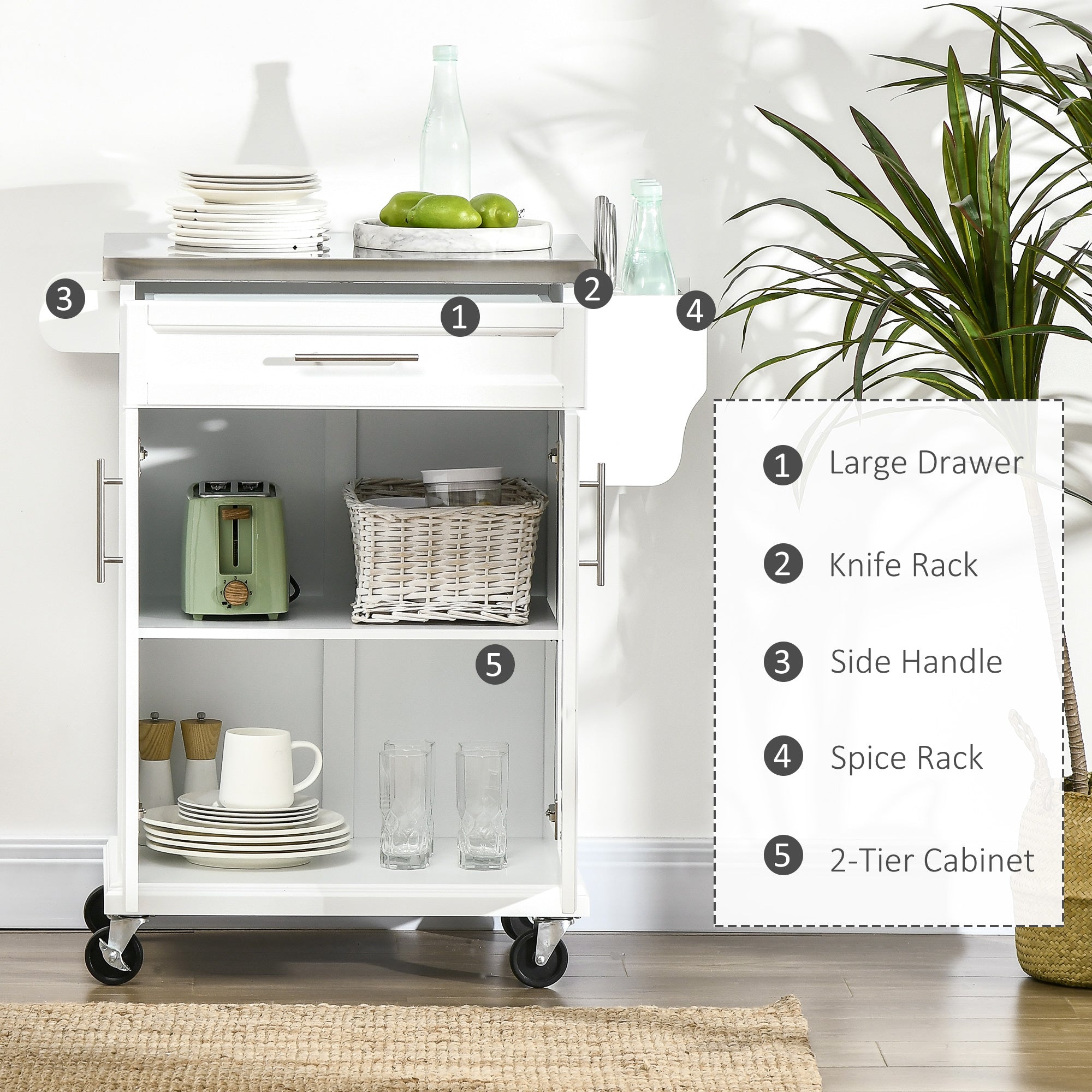 Kitchen Island with Stainless Steel Top, Rolling Kitchen Cart on Wheels with Storage Drawer, Cabinet, Towel Rack and Spice Rack (Black)