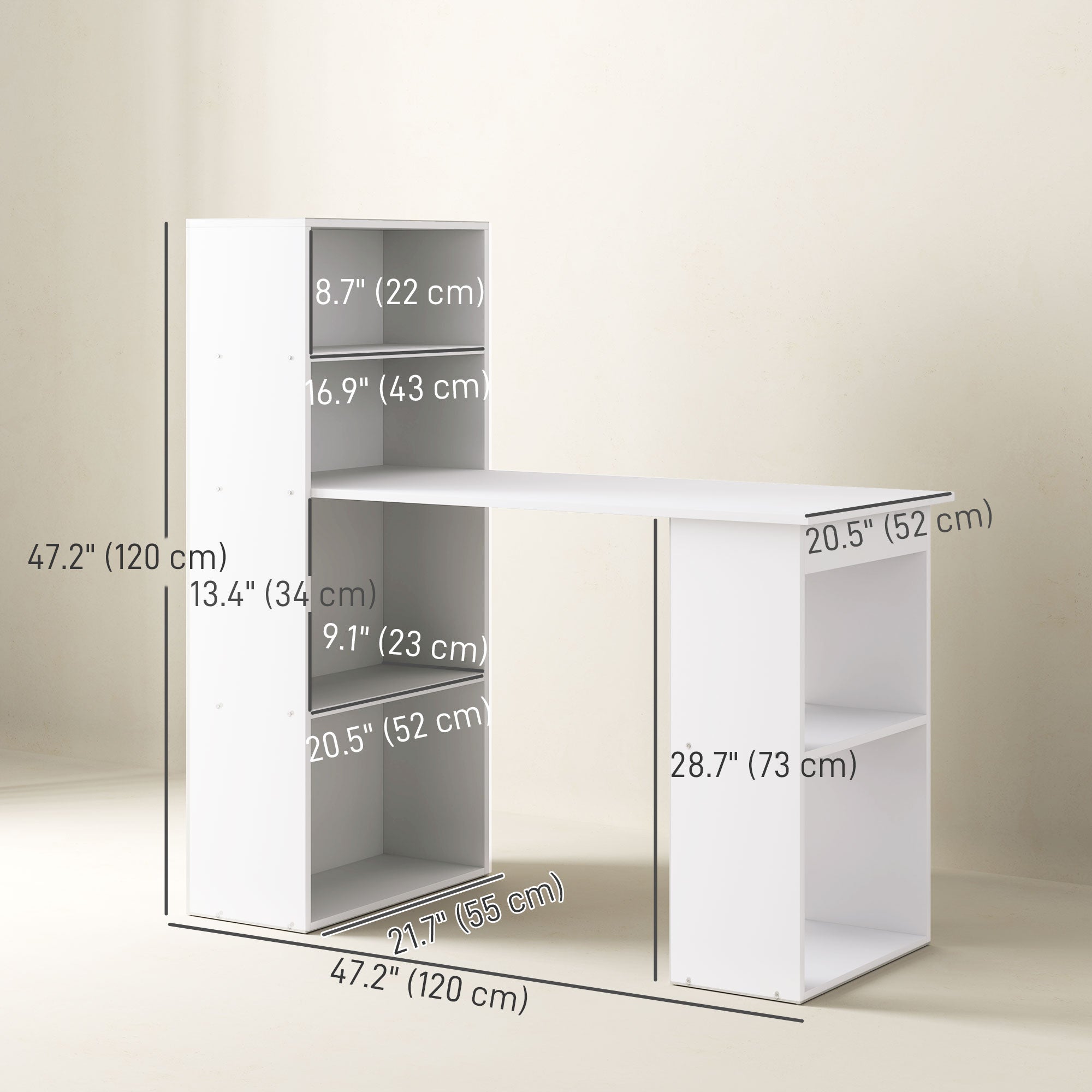 Modern Computer Desk with Storage Shelves, 47" Writing Table Workstation with Bookshelf for Home Office, White