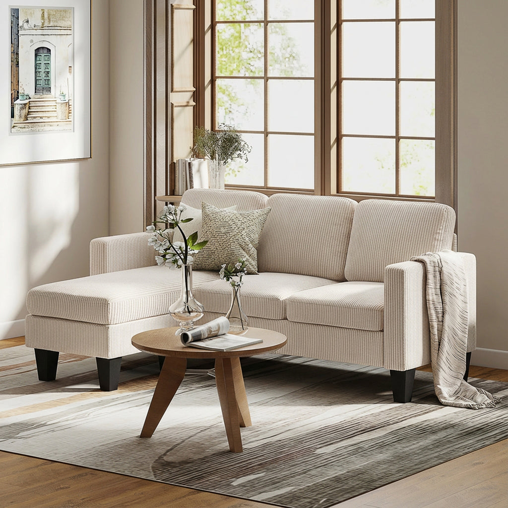 Sectional Sofa, L Shaped Couch, with Changeable Chaise or Ottoman, Cream White
