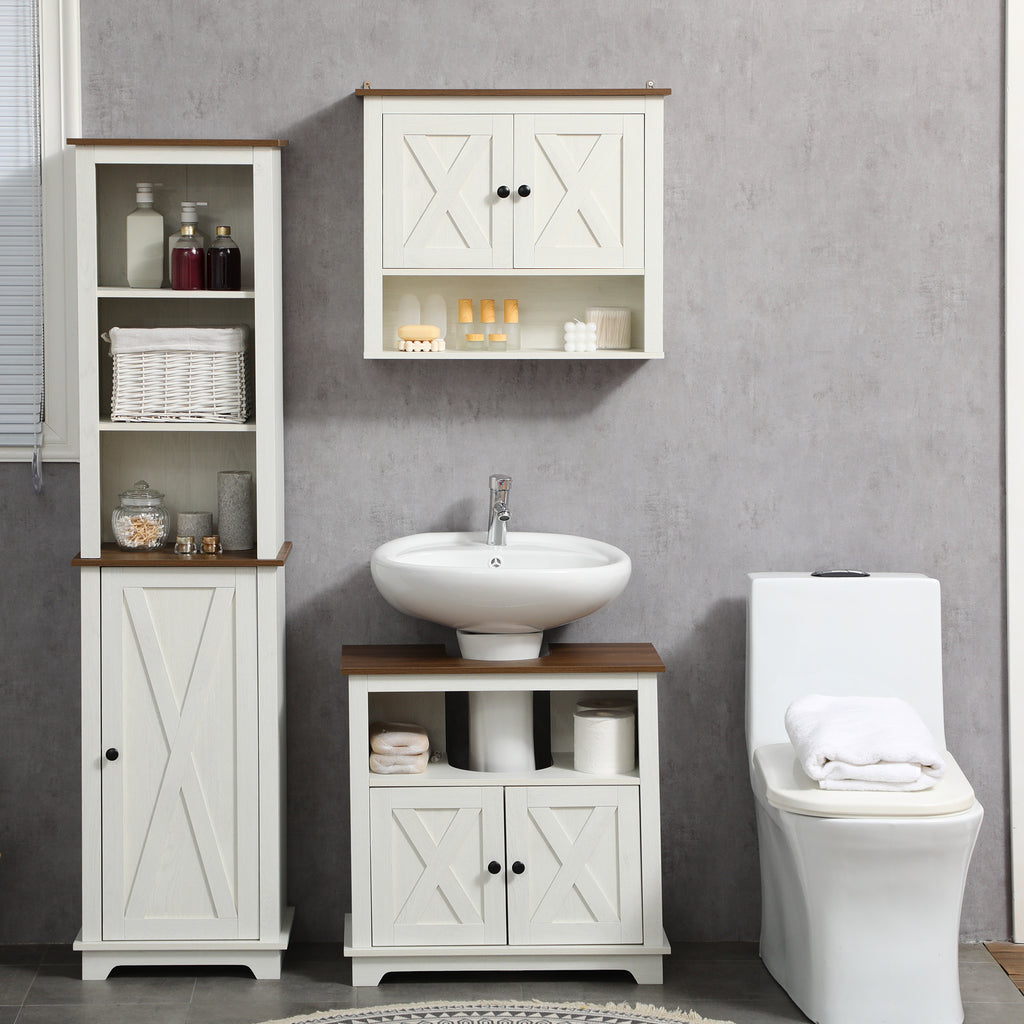 Farmhouse Bathroom Sink Cabinet, Pedestal Sink Storage Cabinet with Double Doors and Shelves, White