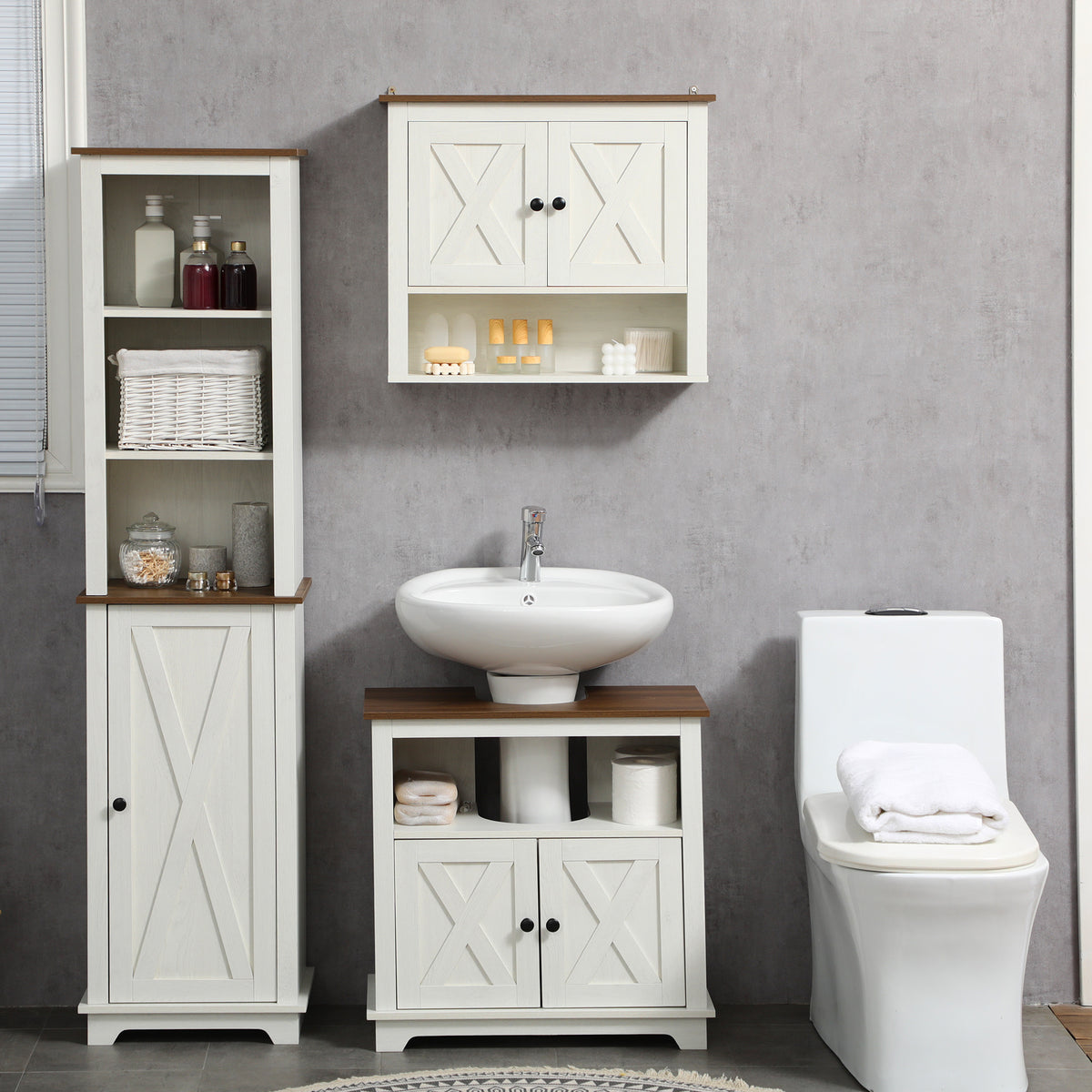 Farmhouse Bathroom Sink Cabinet, Pedestal Sink Storage Cabinet with Double Doors and Shelves, White