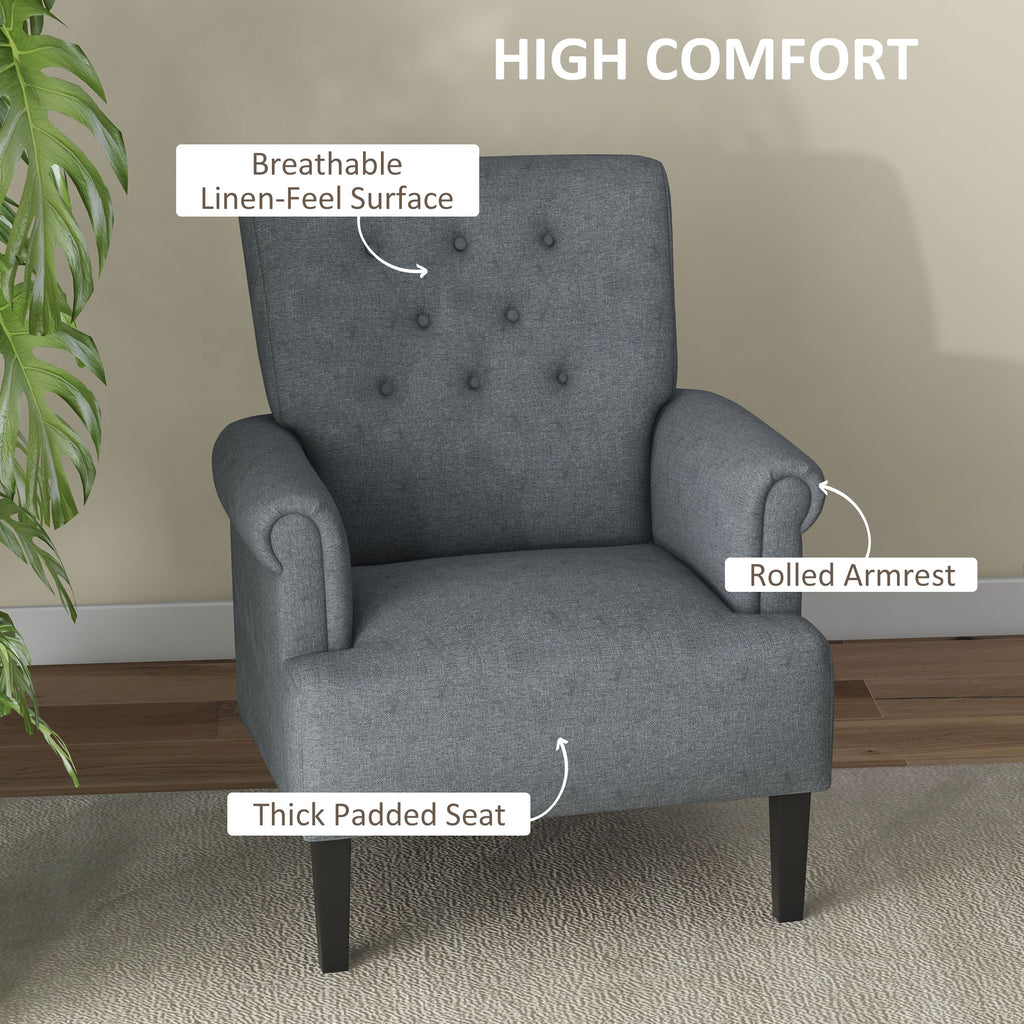 Armchair, Fabric Accent Chair, Modern Living Room Chair with Wood Legs and Rolled Arms for Bedroom, Grey