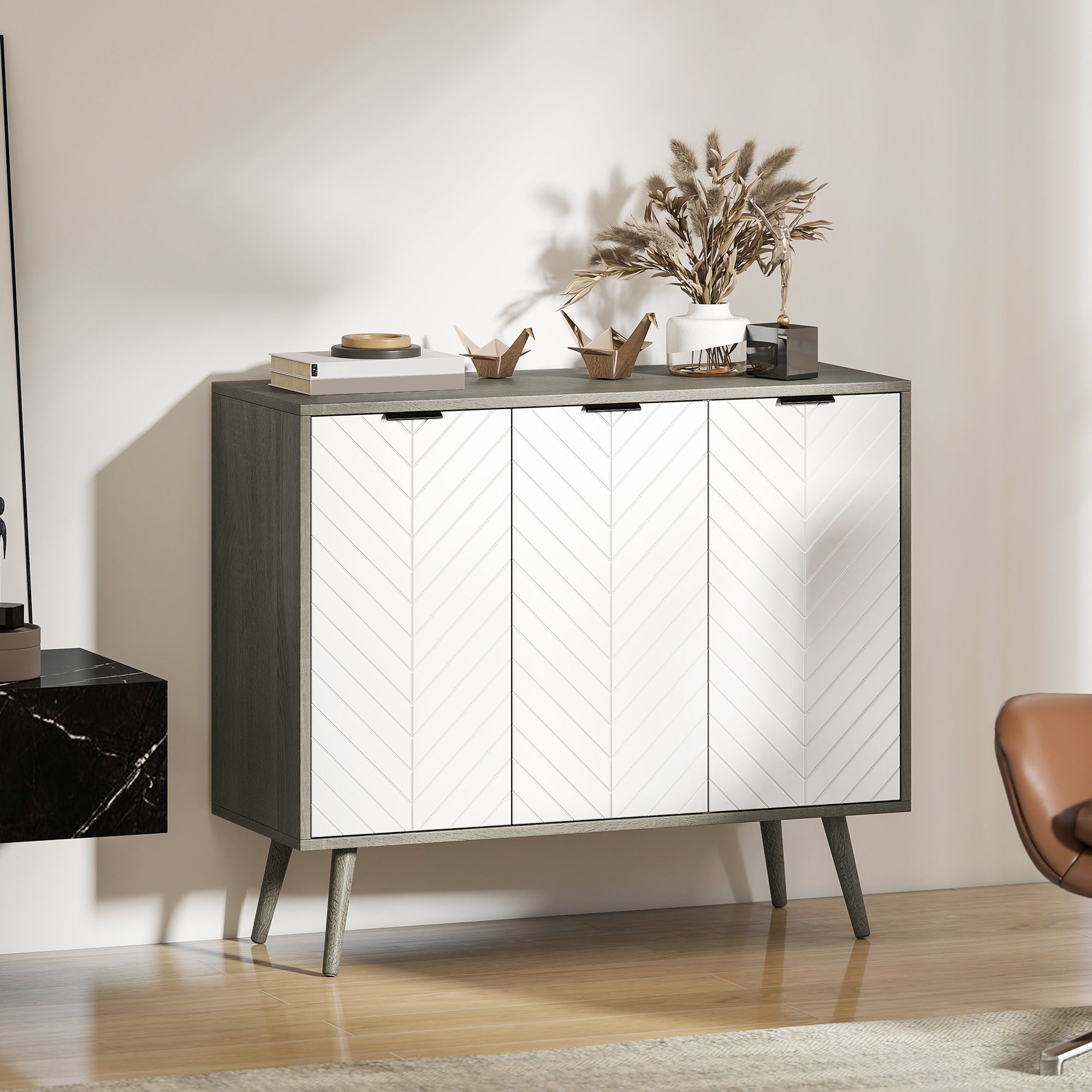 Modern Sideboard and Buffet, Dining Room Cabinet with Adjustable Shelves and 4 Doors, Black