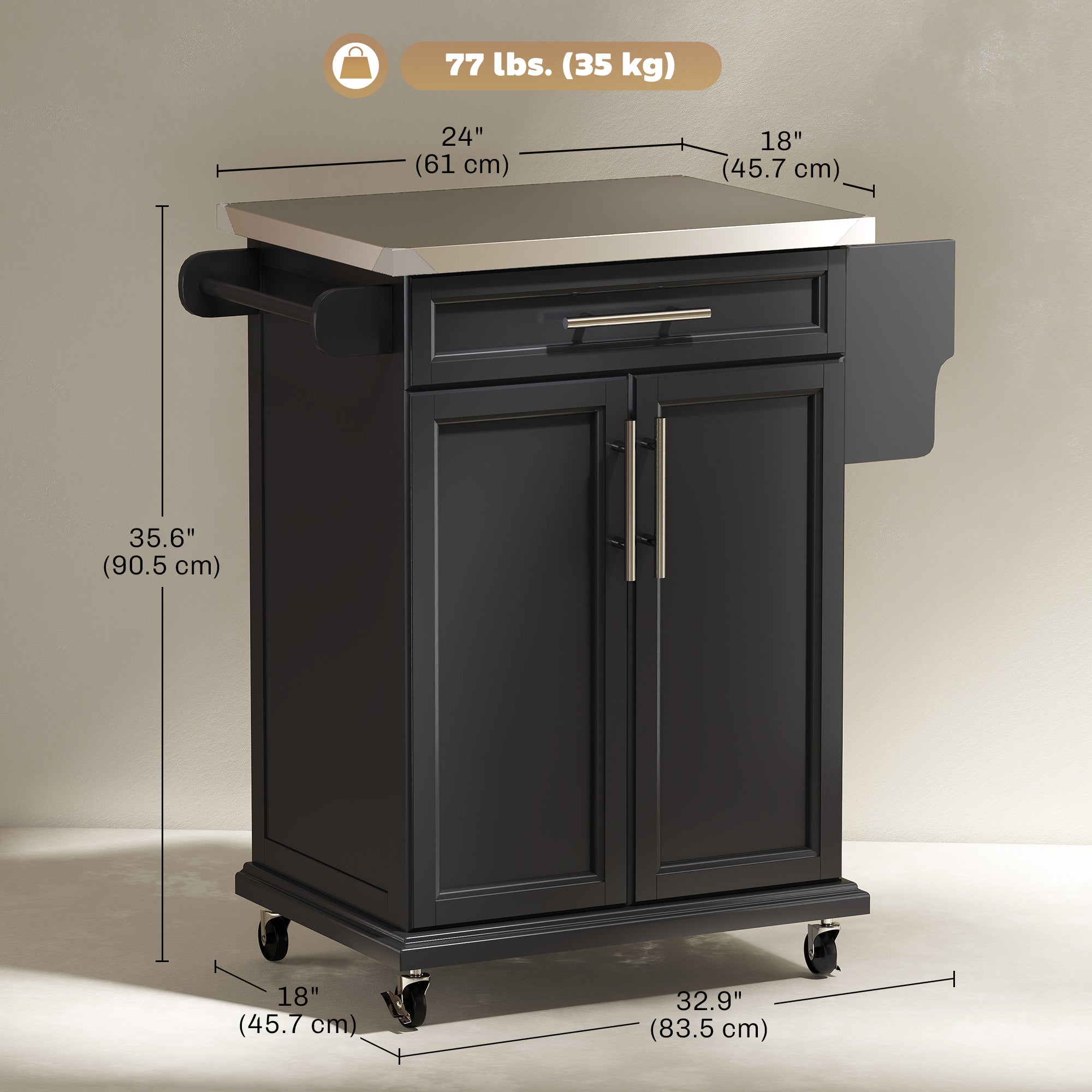 Kitchen Island with Stainless Steel Top, Rolling Kitchen Cart on Wheels with Storage Drawer, Cabinet, Towel Rack and Spice Rack (Black)