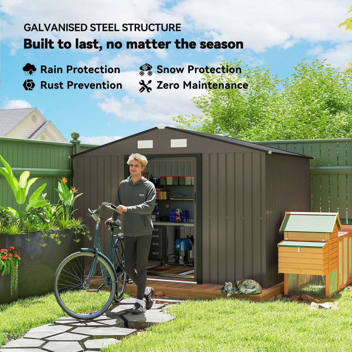 9.1' x 6.4' x 6.3' Garden Storage Shed w/ Foundation Kit Metal Tool Storage House w/ Double Doors Green