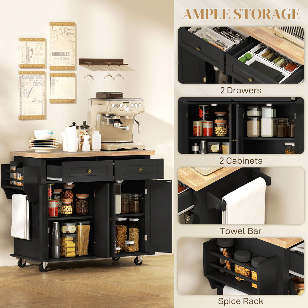 Rolling Kitchen Island with Rubber Wood Top and Storage, Spice Rack, Towel Rack, Black