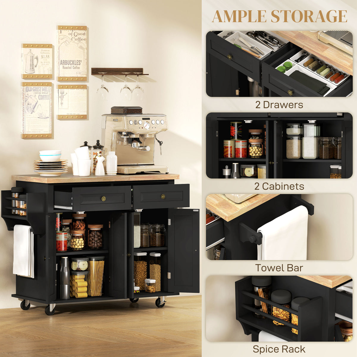 Rolling Kitchen Island with Rubber Wood Top and Storage, Spice Rack, Towel Rack, Black