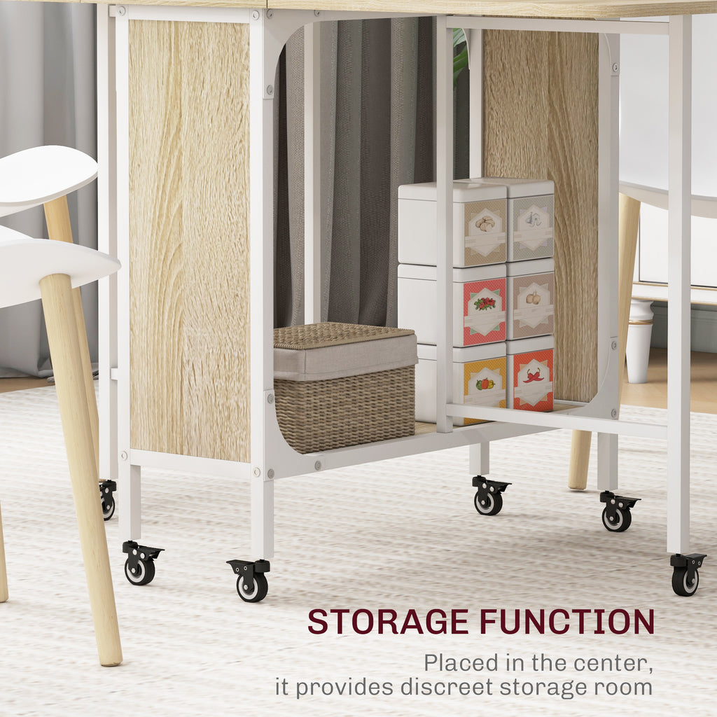 Folding Dining Table, Extendable Kitchen Table for Small Spaces with Storage Shelf and 6 Wheels, Natural Wood