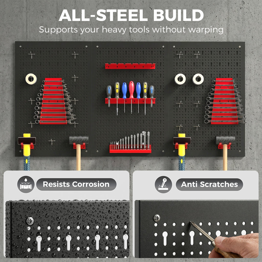 28 Piece Metal Peg Board with Accessories, Shelf Tool Organizer, Black and Red