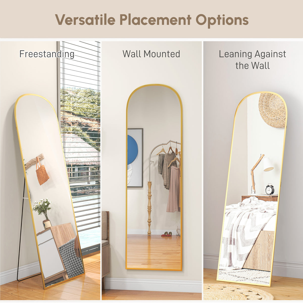 Arched Standing Mirror, 64" x 20" Full Length Mirror, Free Standing or Wall Mounted for Living Room, Bedroom, Gold