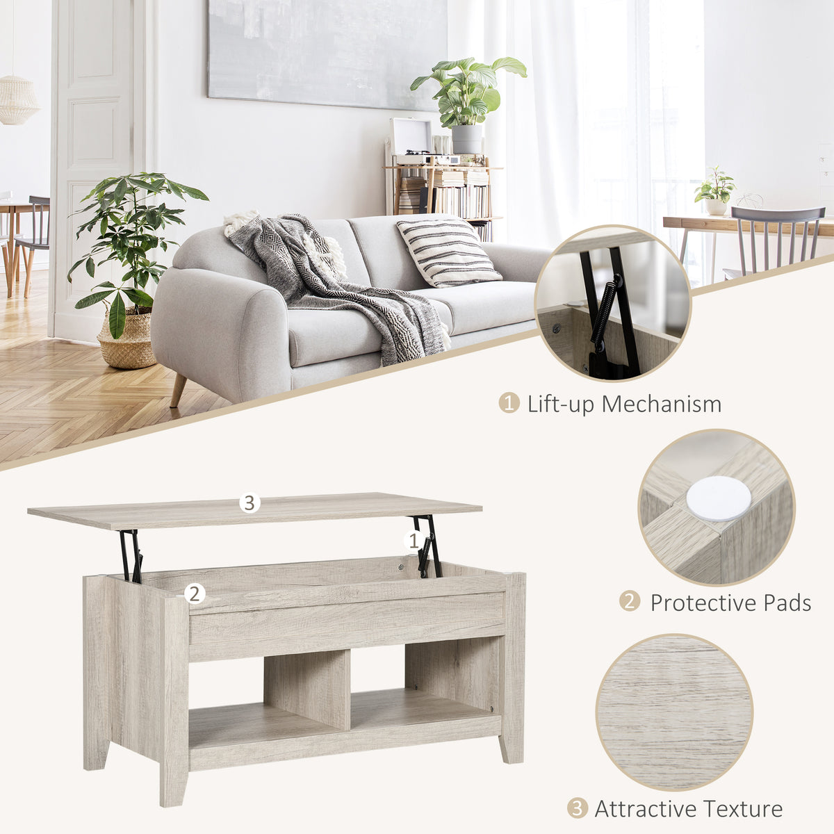 Lift Top Coffee Table with Hidden Storage Compartment and Open Shelves, Lift Tabletop Pop-Up Center Table for Living Room, Oak Effect