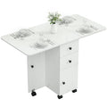Drop Leaf Dining Table, Mobile Folding Table on Wheels with Drawers and Cabinet for Dining Room, Kitchen, Marble White