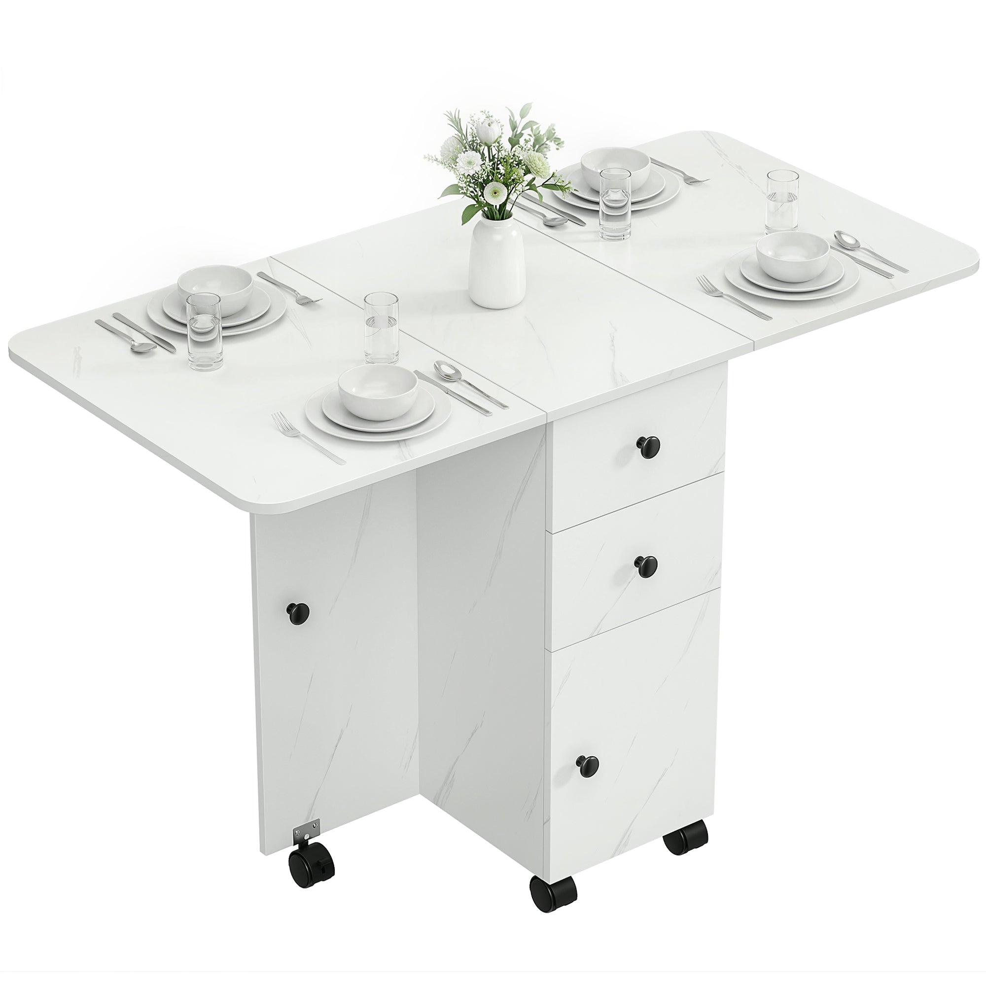 Drop Leaf Dining Table, Mobile Folding Table on Wheels with Drawers and Cabinet for Dining Room, Kitchen, Marble White