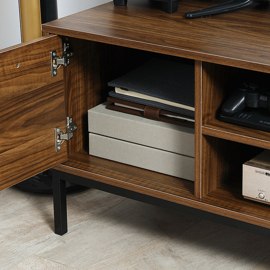 TV Stand for TV up to 50 Inches, TV Cabinet with Door, Open Storage and Drawers, TV Table with Steel Legs, Dark Walunt