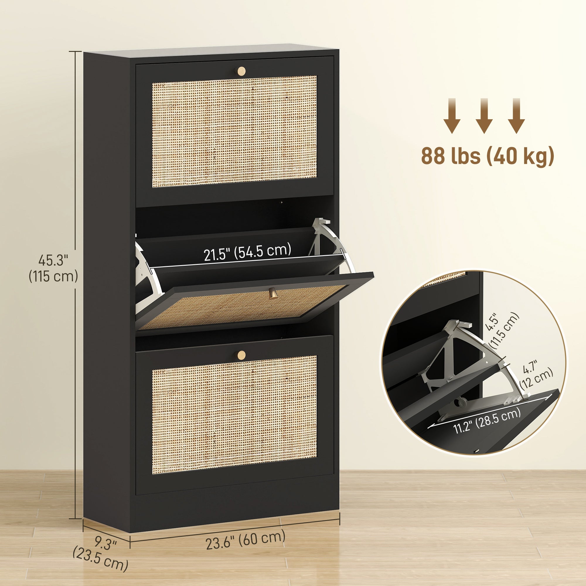 Rattan Shoe Storage Cabinet with 3 Flip Drawers and Adjustable Shelves, Entryway Shoe Cabinet for 18 Pairs, Black