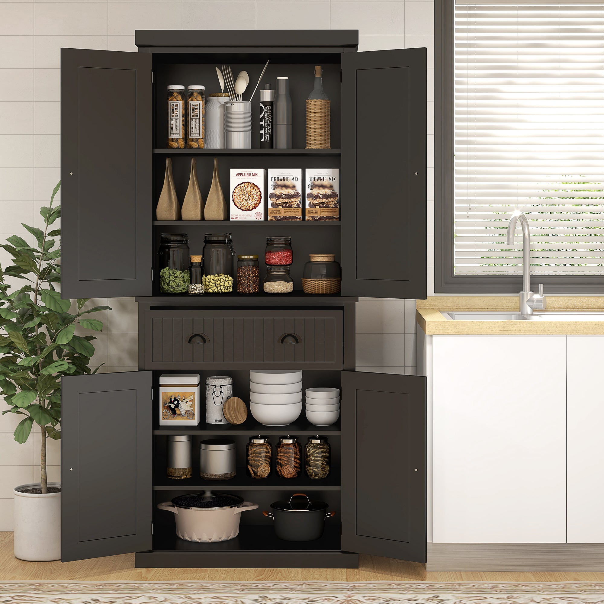 72" Kitchen Pantry, Freestanding Storage Cabinet with Drawer, Doors, Black