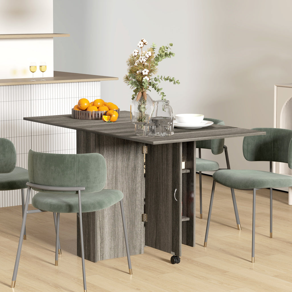 Extendable Dining Table, Collapsible Folding Table w/ 2-tier Shelves and Rolling Casters, Grey Wood Grain