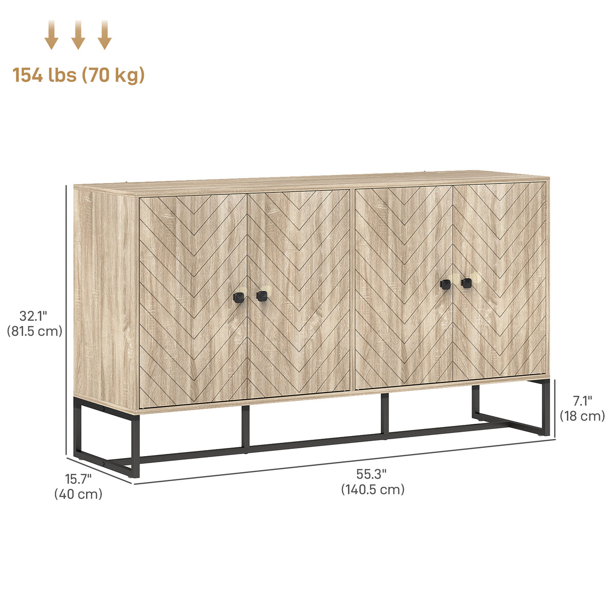 Sideboard Buffet Cabinet with 2 Adjustable Shelves and Steel Base, TV Stand, Coffee Bar Cabinet for Living Room, Oak