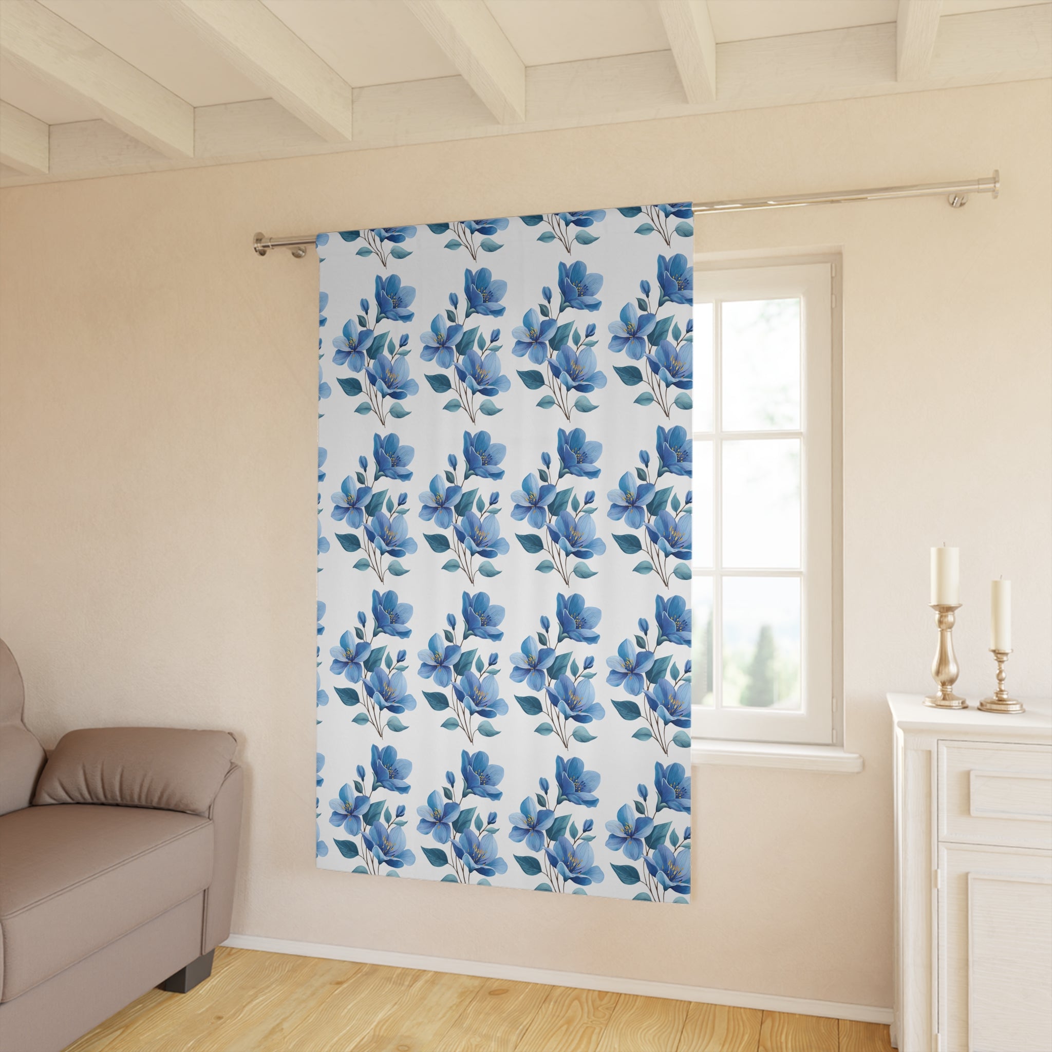 Blue Watercolor Floral Curtain Panel — Single Window Drapery for Living Room & Bedroom