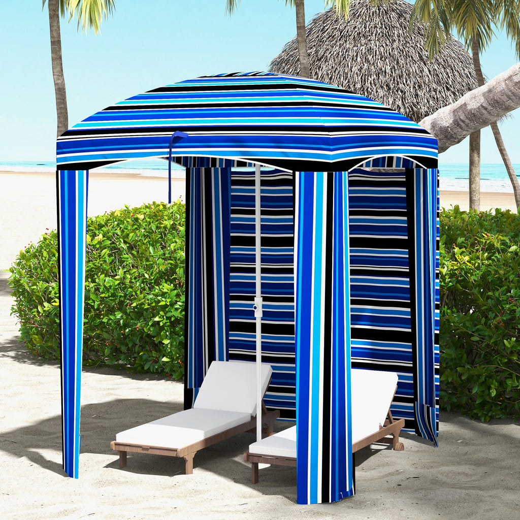 70.1" L x 70.1" W Cabana Umbrella with Walls, Vents, Ruffles, Carry Bag, Beach Umbrella, Blue White Stripe