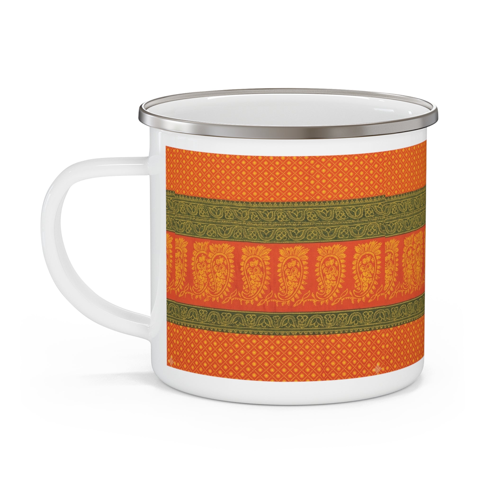 Enamel Camping Mug — Autumn Paisley Orange & Olive Retro Camp Mug