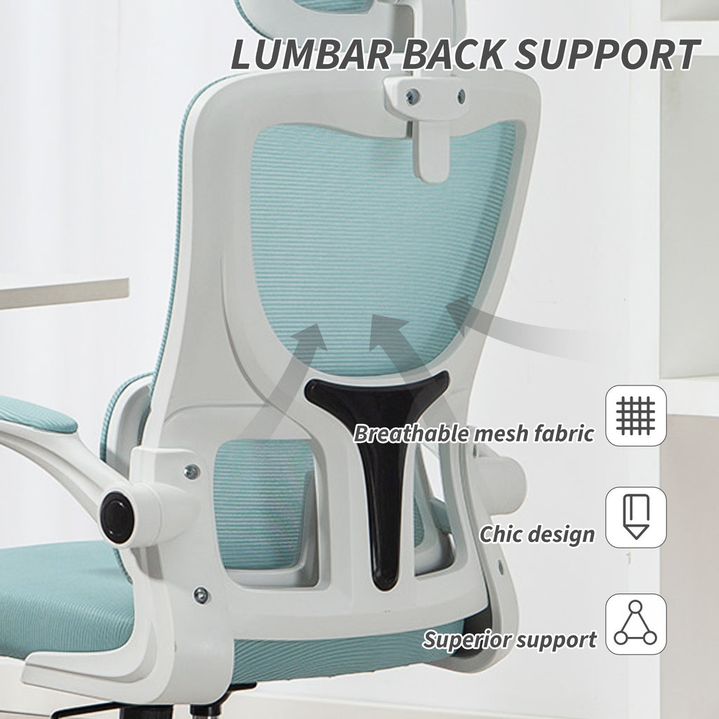 High Back Office Chair, Mesh Computer Chair with Rotatable Headrest, Lumbar Back Support, Adjustable Height, Light Blue