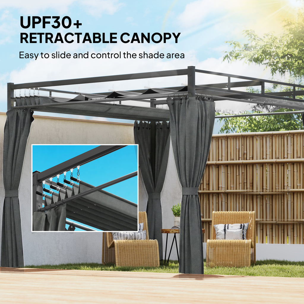 10' x 10' ደገ ጋዜቦ፣ ምስ መጋረጃታት ዝምለስ ፐርጎላ ካኖፒ፣ UPF30+ ብራኽ ዘይብሉ ብረት ፐርጎላ ኪት፣ ጸሊም ግራጫ