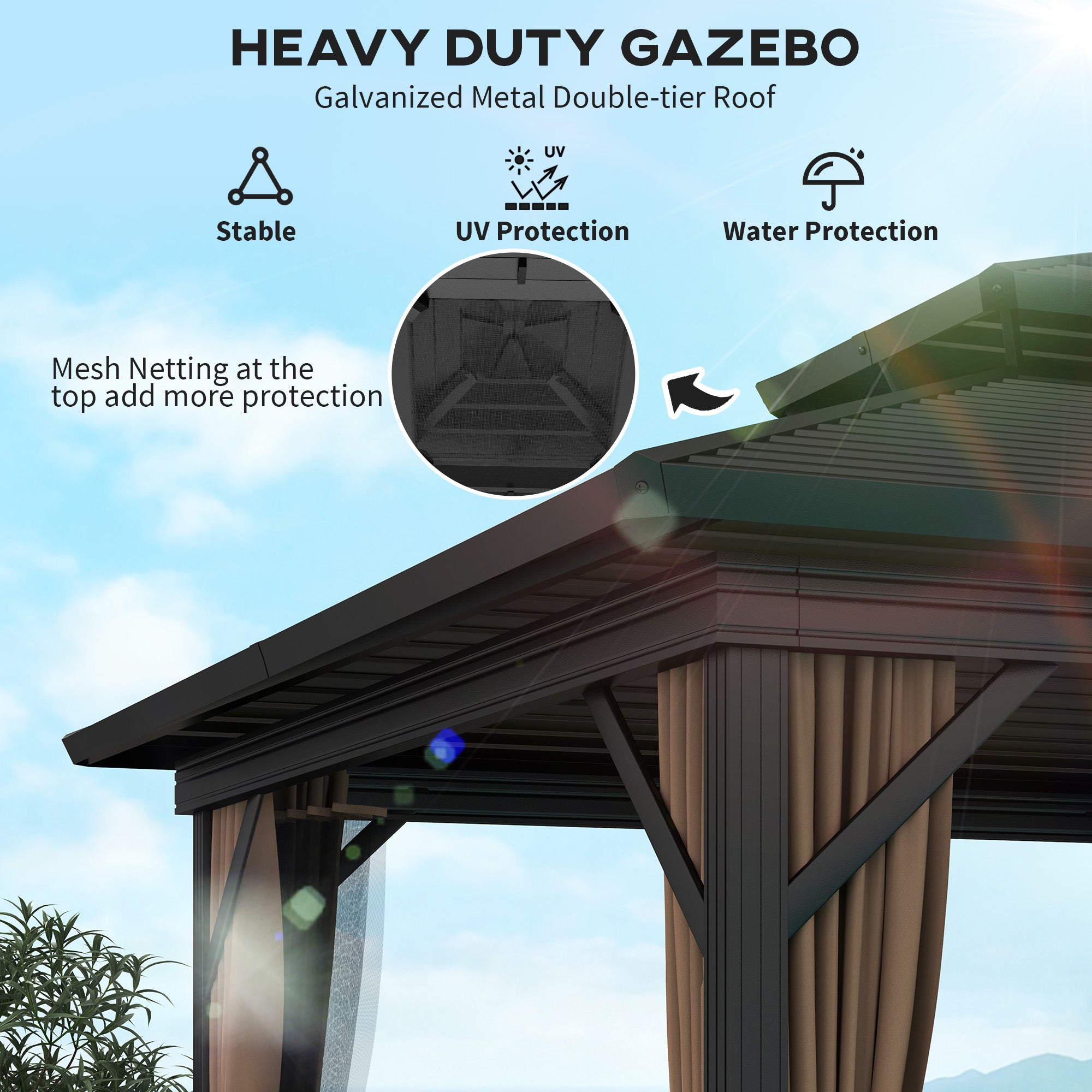 10' x 10' Hardtop Gazebo, Sun Shelter with Double Tier Metal Roof, Mosquito Netting, and Hanging Hook, Dark Brown