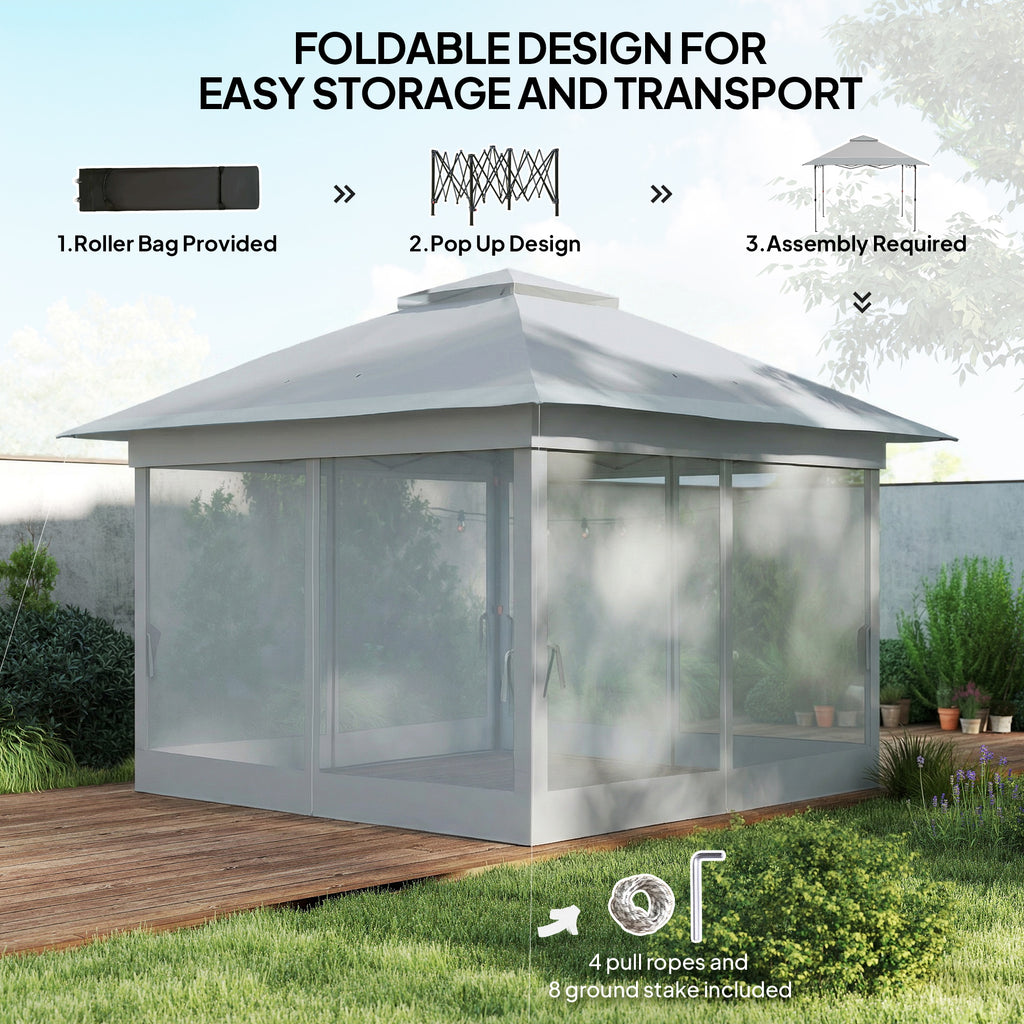 12' x 12' ዝተሰርሐ እተንስእ ፓርቲ ድንኳን ብቕጽበት ዝተሰርሐ ጽላል ጋዜቦ መጠለሊ ምስ ሓጺን ፍሬም፣ ቀሊል ግራጫ