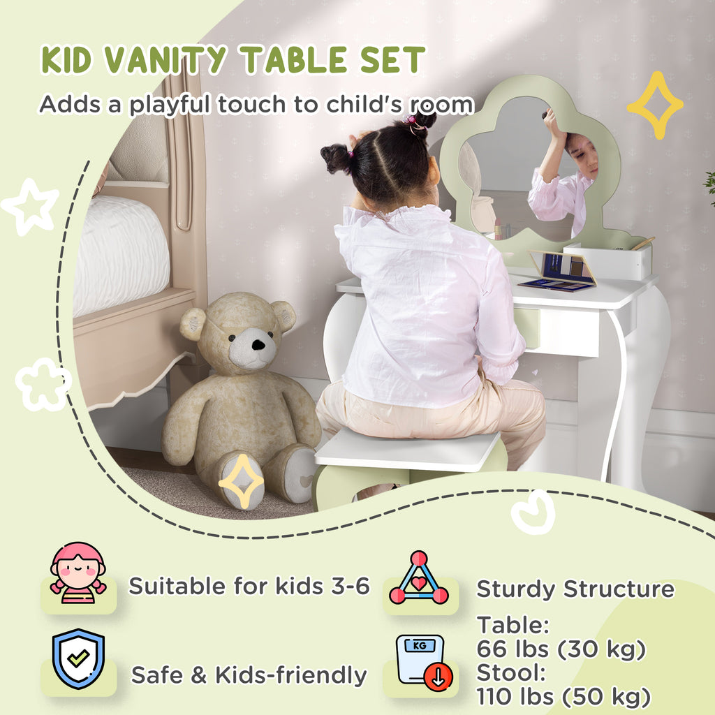 Qaba Kids Makeup Vanity Set with Stool, Mirror, Drawer, Storage Boxes, White