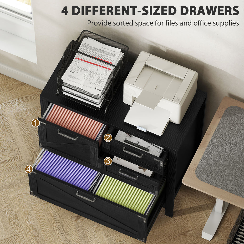 Lateral Filing Cabinet, Farmhouse File Cabinet with 4 Drawers, Fit Letter/A4/Legal Hanging Files, Black Wood Grain