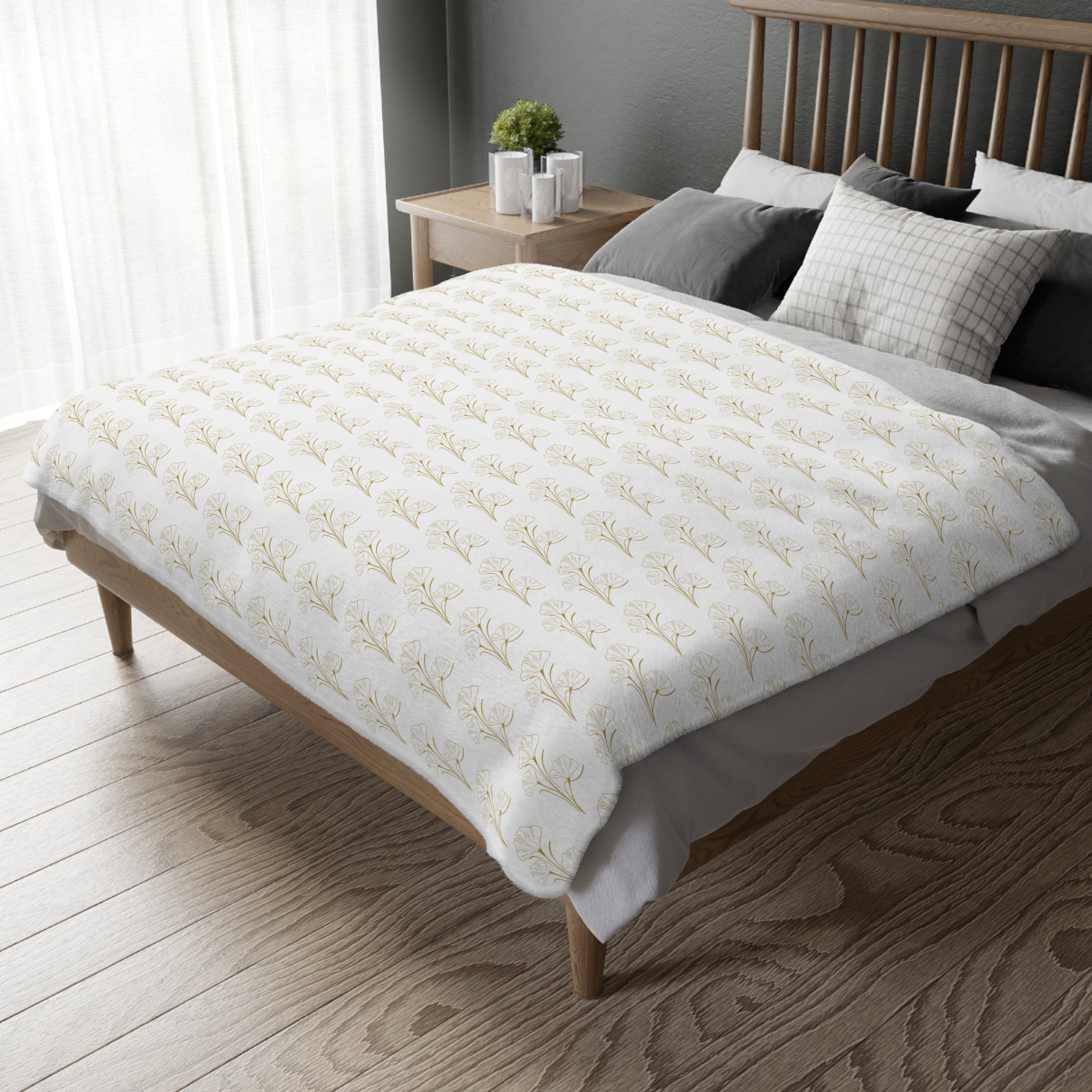 Botanical Velvet Throw Blanket - Neutral Gold Floral Microfiber, Reversible Two-Sided Cozy Throw
