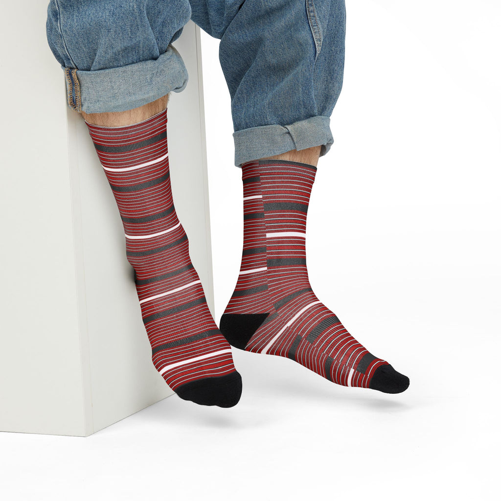 Red Striped Crew Socks — Classic Horizontal Stripe Sublimation Socks