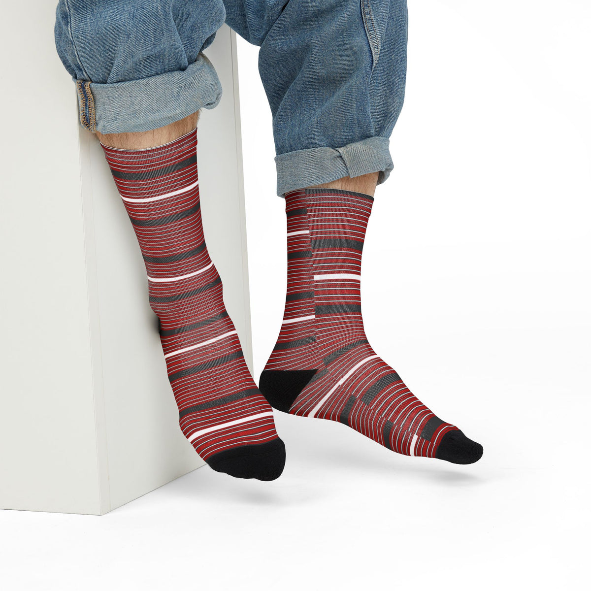 Red Striped Crew Socks — Classic Horizontal Stripe Sublimation Socks
