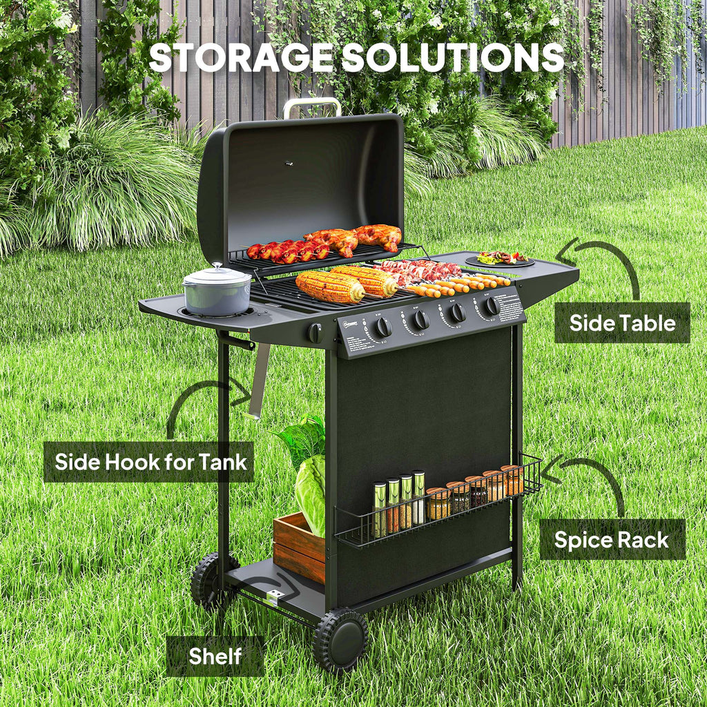 3+1 Burner Propane Gas BBQ Grill, Portable Gas Barbecue Grill with Side Burner, Thermometer, Lid, Side Table, Shelf, Spice Rack, Wheels, Grease Cup for Garden, Black
