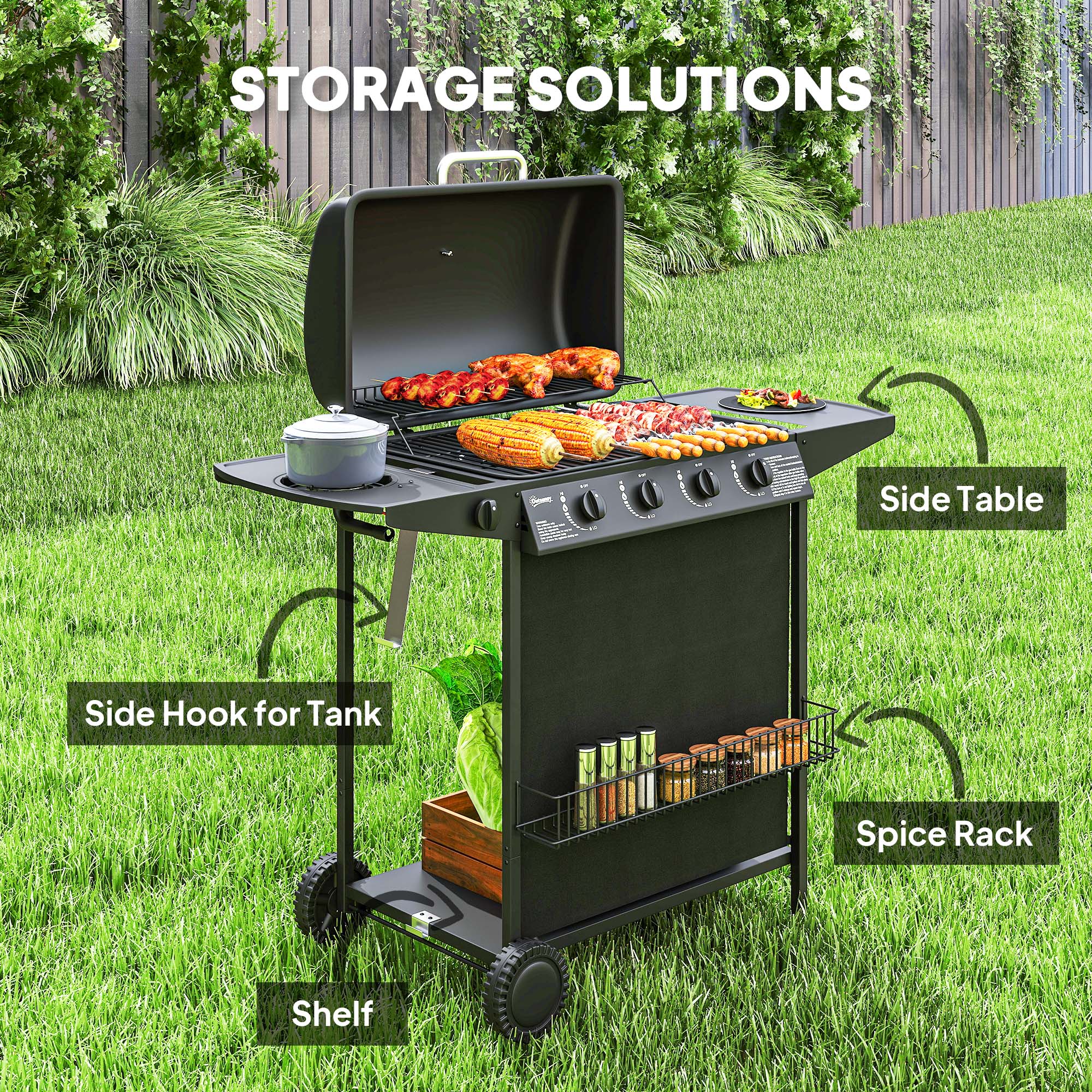 3+1 Burner Propane Gas BBQ Grill, Portable Gas Barbecue Grill with Side Burner, Thermometer, Lid, Side Table, Shelf, Spice Rack, Wheels, Grease Cup for Garden, Black