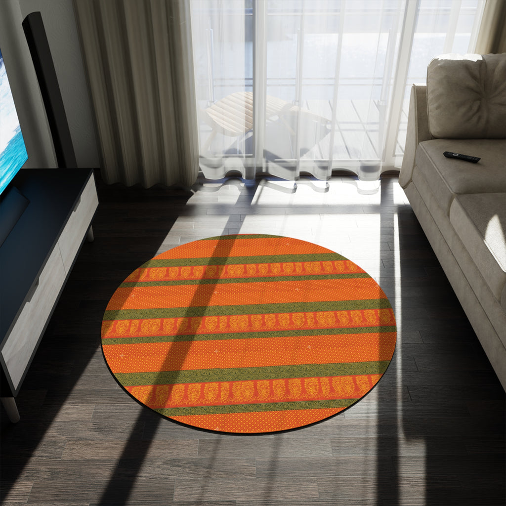 Autumn Stripe Round Rug – Rustic Orange & Olive Boho Floor Mat