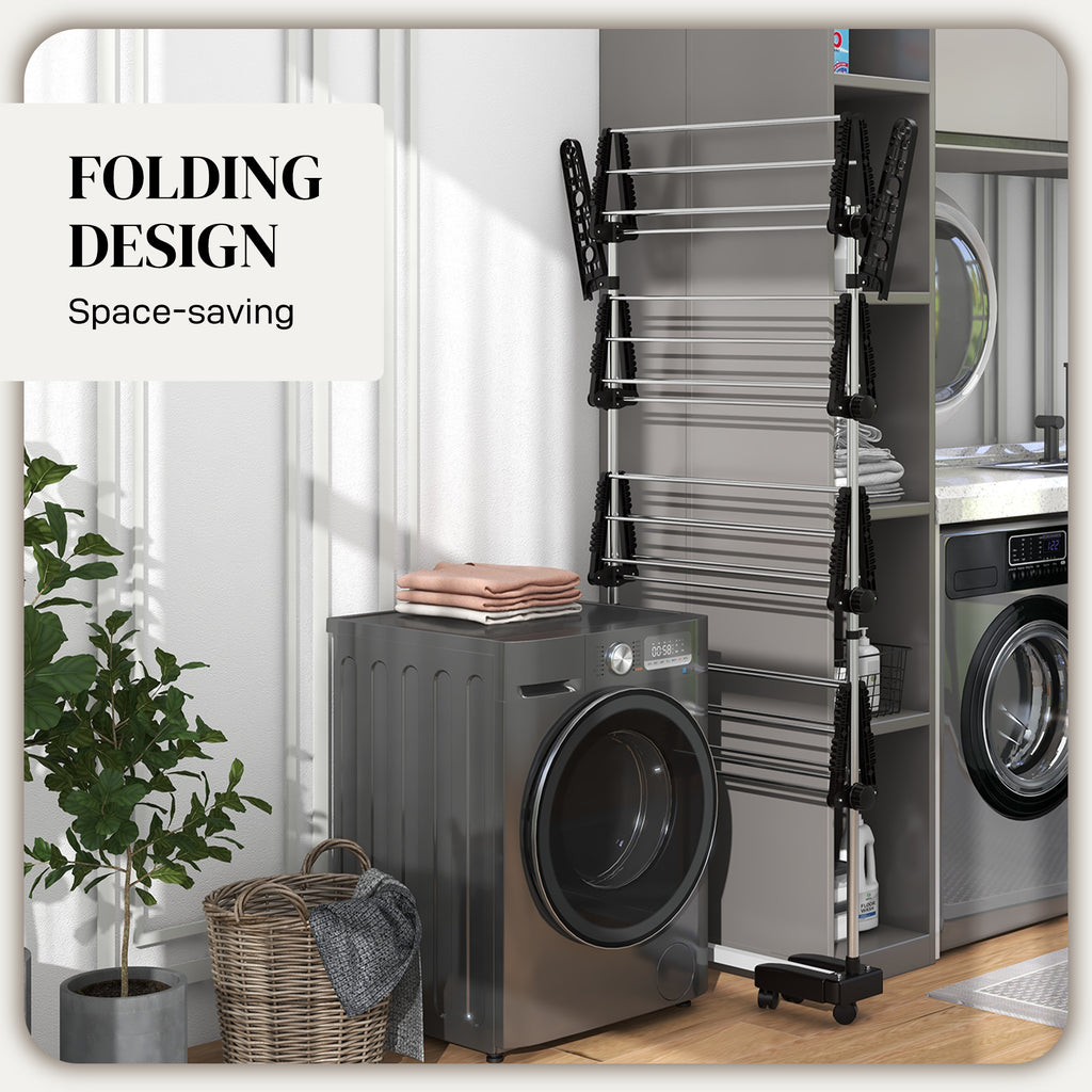 Garment Drying Rack Stainless Steel Folding Clothes Hanging Rack with Side Wings Castors for Indoor Outdoor White