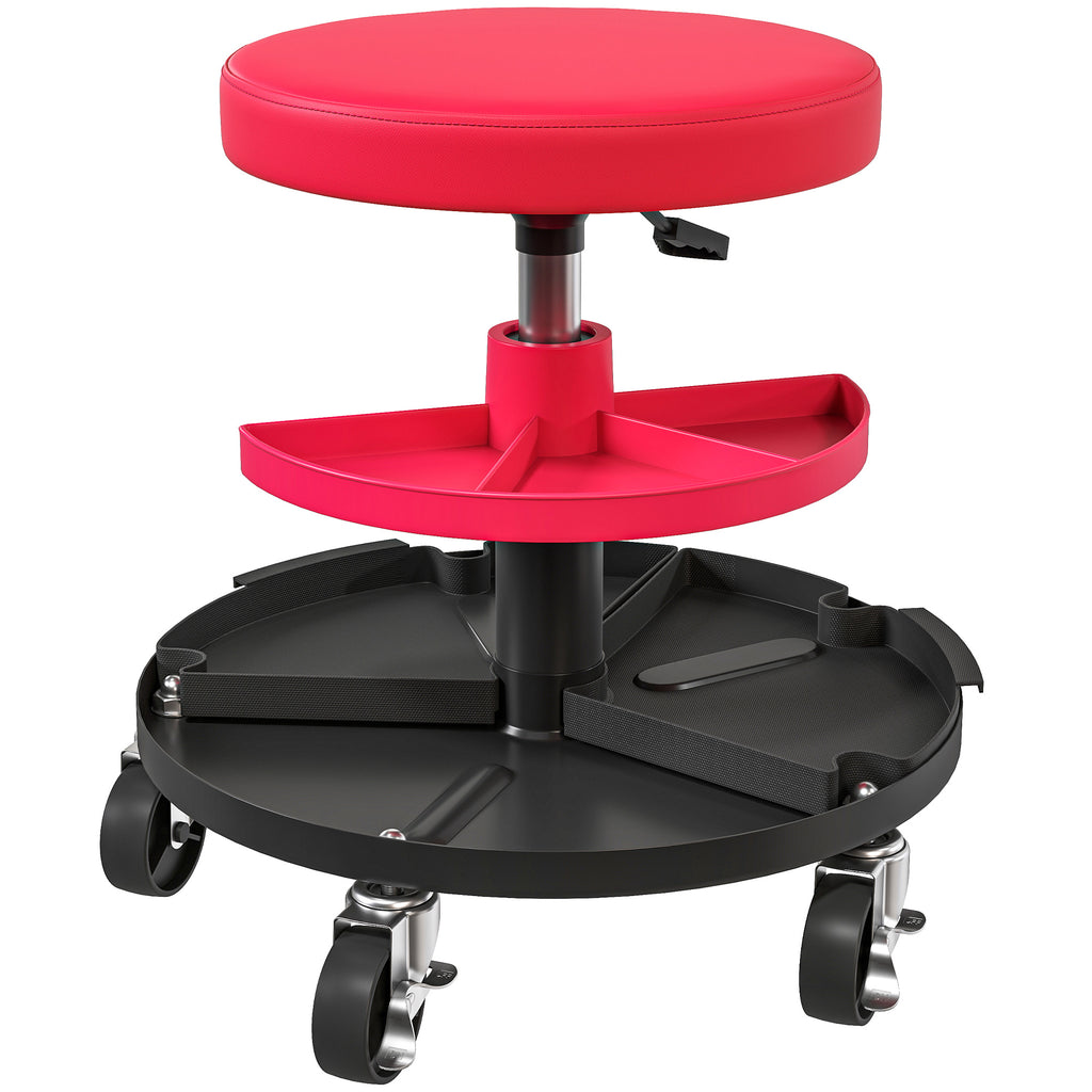 Rolling Garage Stool, 300 LBS Capacity Mechanic Stool with 2.5" Wheels, Tool Trays Storage, Adjustable Height, Red