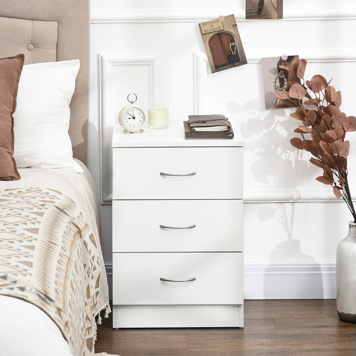 Bedside Table with 3 Drawers, Modern Wood Nightstand, Side End Table for Bedroom, White