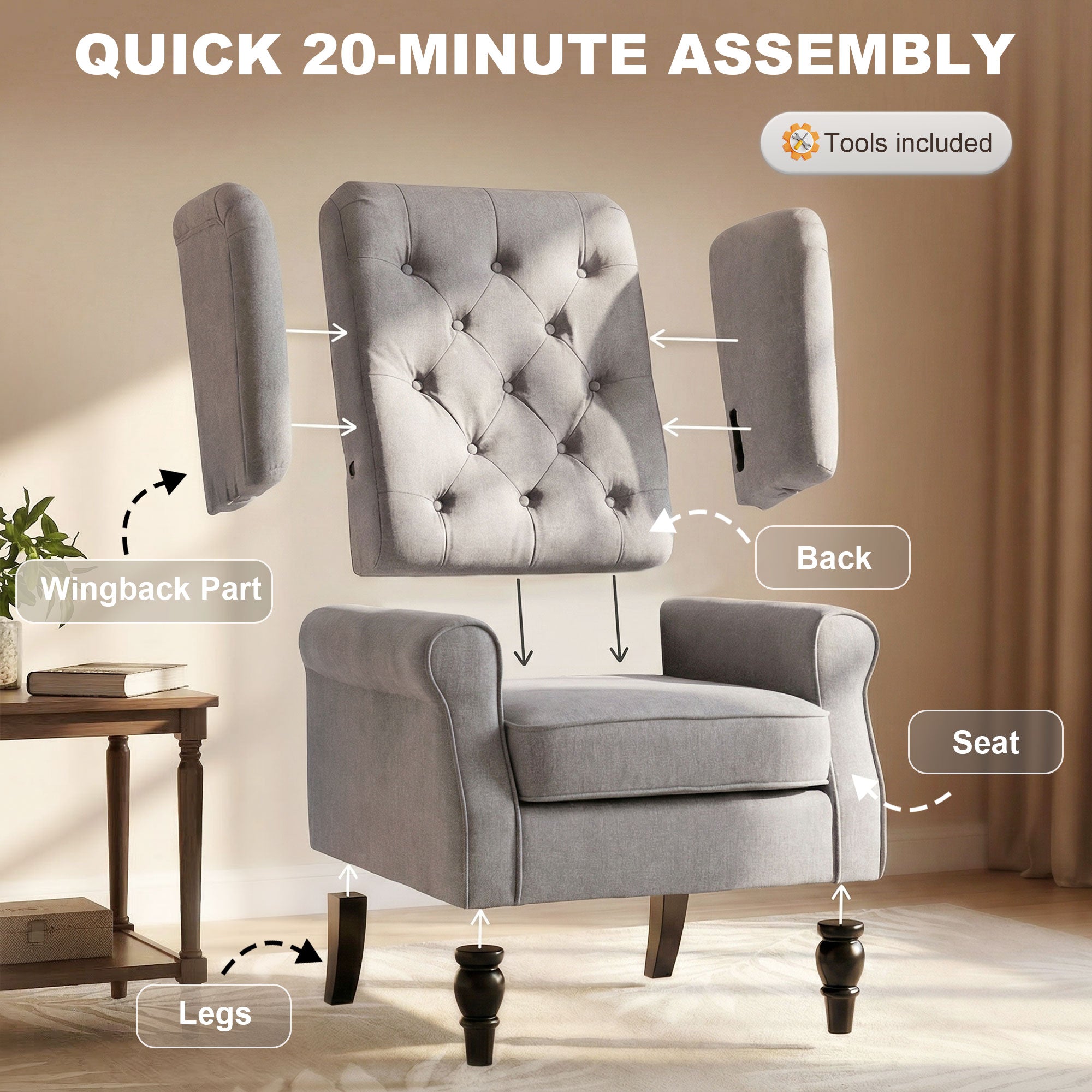 Fabric Accent Chair, Button Tufted Armchair, Upholstered Modern Living Room Chair, Wingback Chair with Wood Legs, Rolled Arms, Thick Padding for Bedroom, White