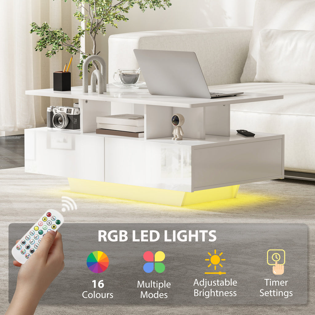 ከ RGB LED መብራት ጋር የቡና ጣውላ፣ ዘመናዊ ናይ መነበብ ክፍሊ ጣውላ ምስ 4 መሳልብታት፣ ክፉት መደርደሪ፣ ርሑቕ ተቆጻጸሪ፣ ልዑል ብርሃን ጻዕዳ