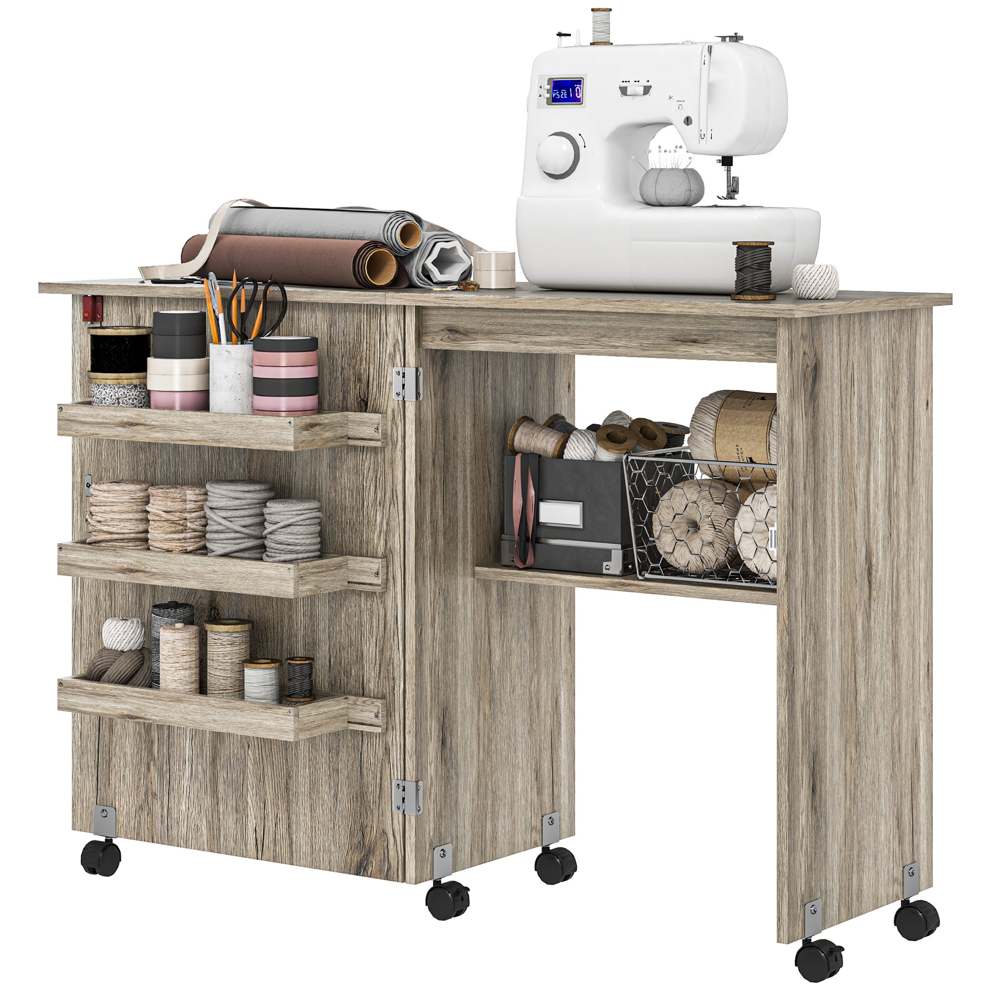 Sewing Machine Cabinet, Folding Sewing Table with Storage Shelf, Bins and Lockable Wheels for Small Space, White
