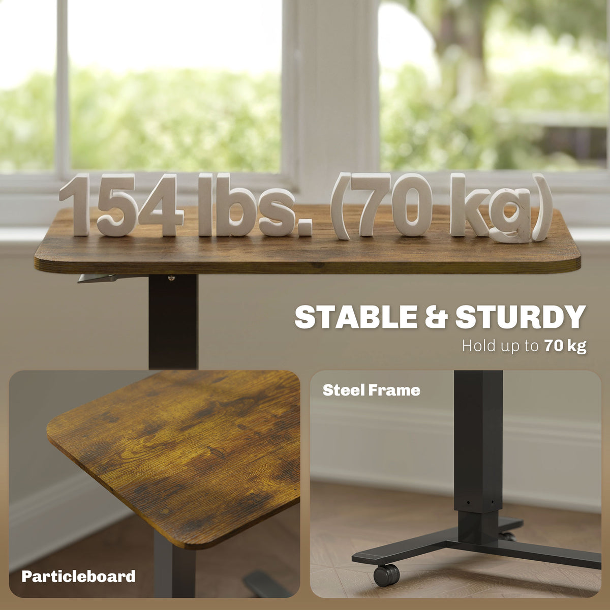 Pneumatic Standing Desk Adjustable Height, Mobile Stand Up Desk with Wheels, 43 Inch Rolling Table, Rustic Brown