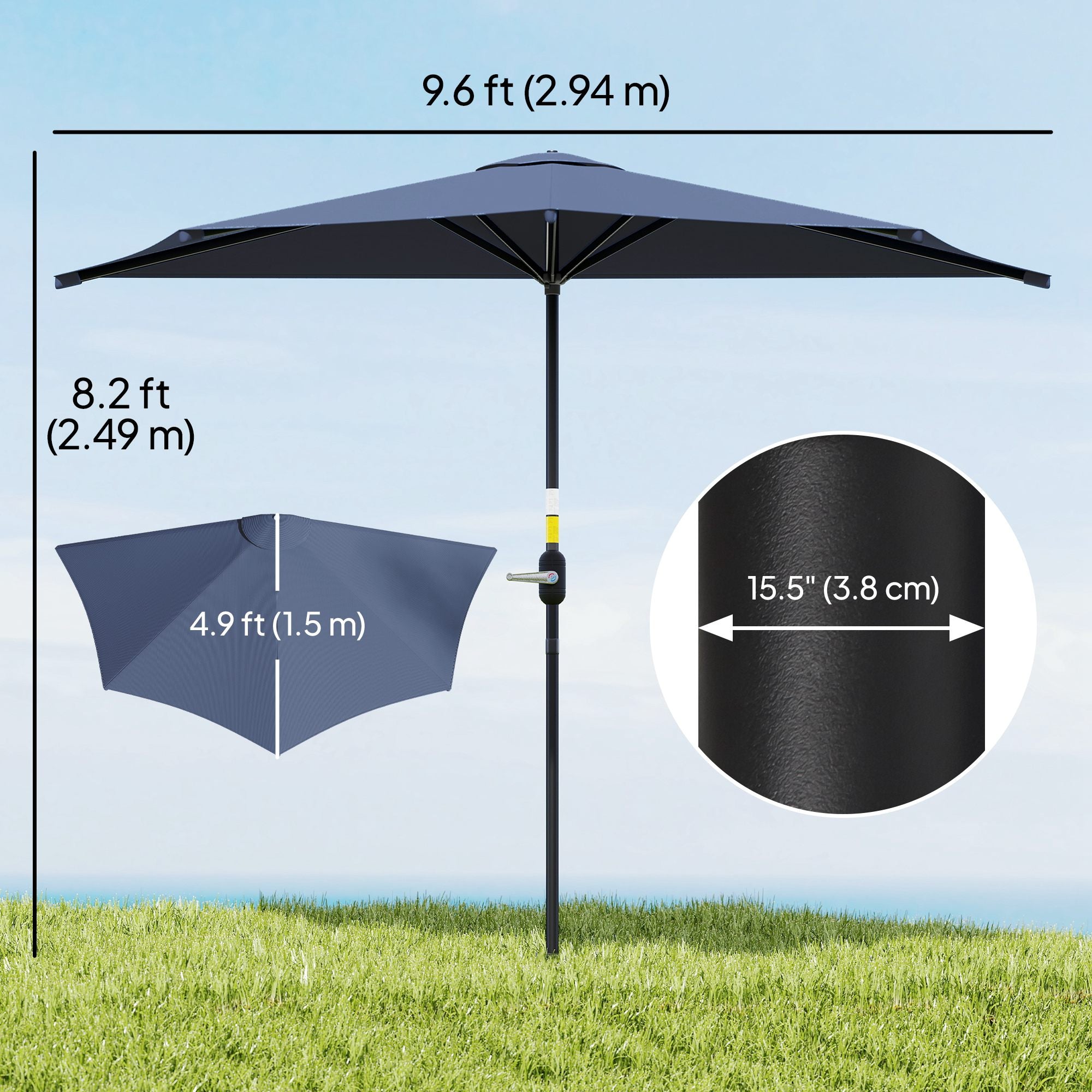 9.8ft Half Umbrella Semi Round Patio Parasol with Crank Handle, Top Vent for Garden, Balcony- NO BASE INCLUDED Dark Grey