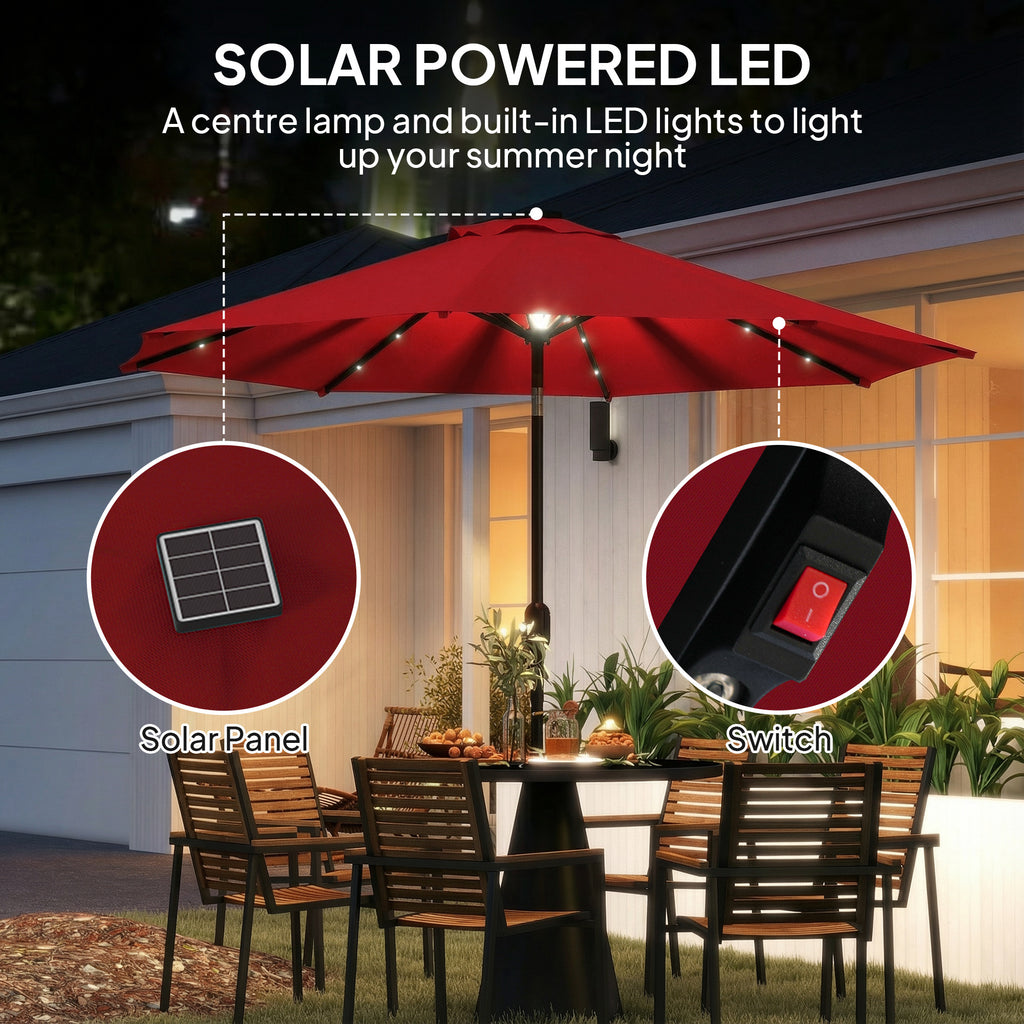 9ft Solar Patio Umbrella Outdoor Sunshade 24 LED Lights Tilt Canopy, Wine Red