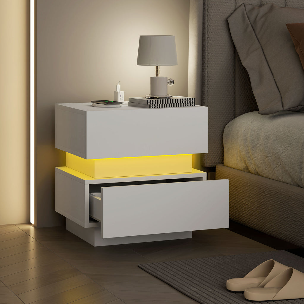 Bedside Table with Charging Station and LED Light Modern Nightstand with USB Ports AC Outlets Drawers Remote, Black